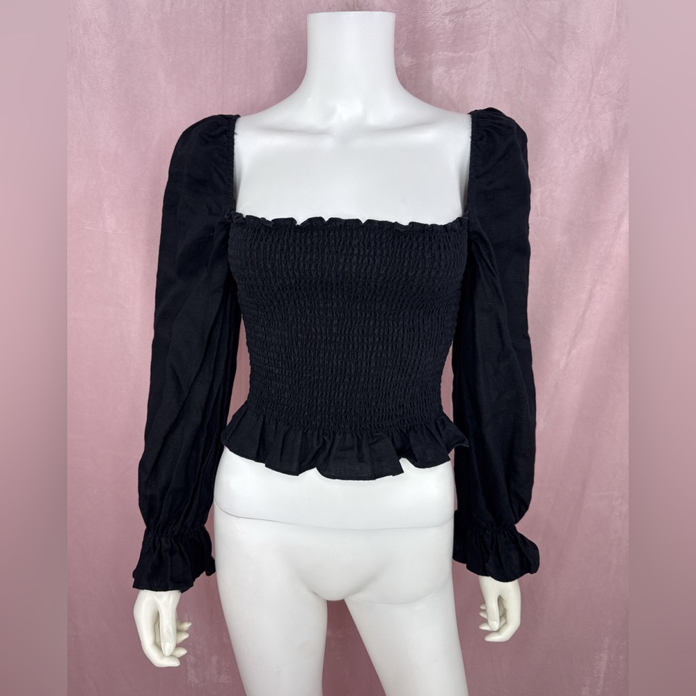 Reformation Womens Black 100% Linen Smocked Long Sleeve Square-Neck Top Size XS